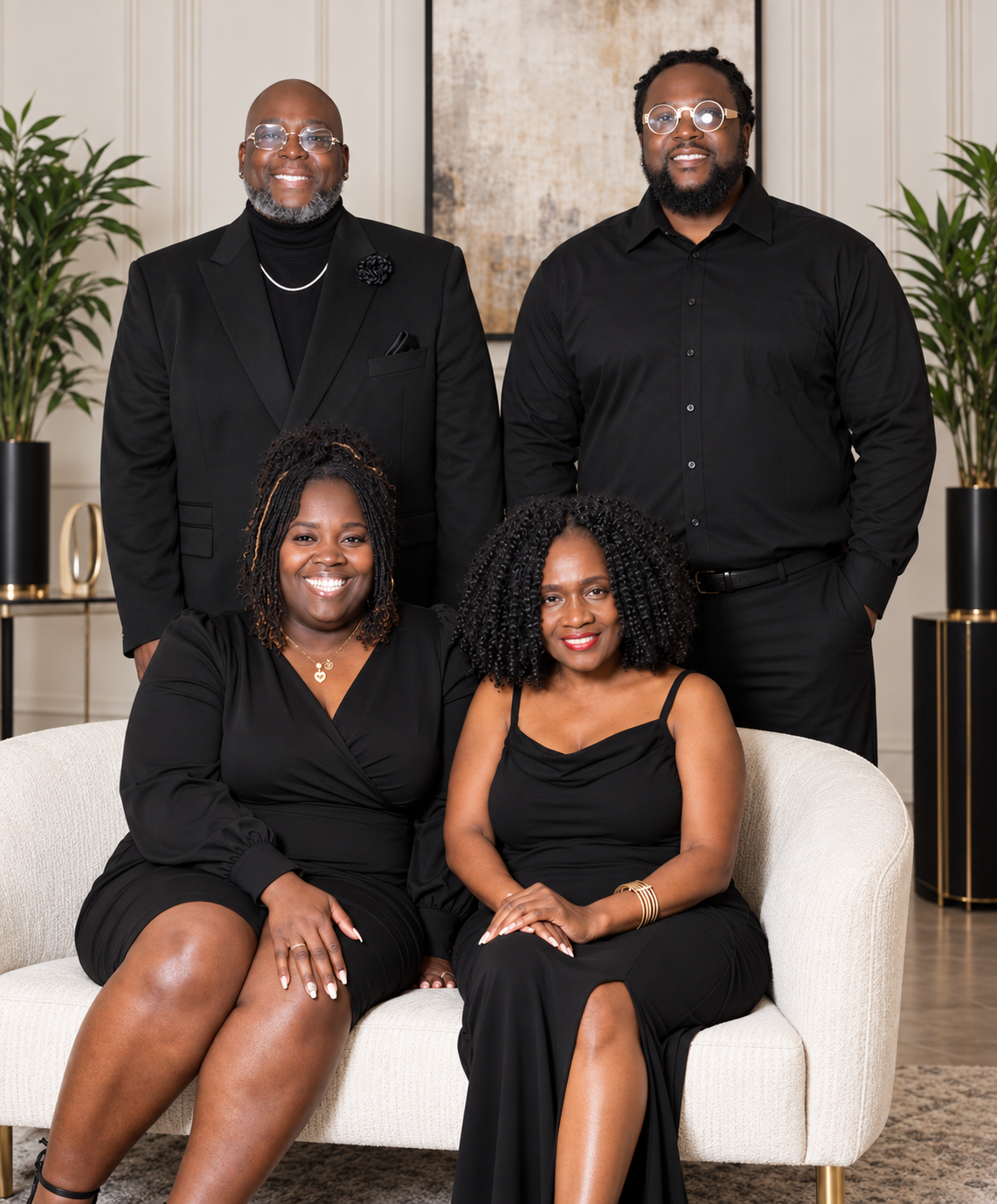 The C&C Experience team dressed in black in an elegant lounge setting