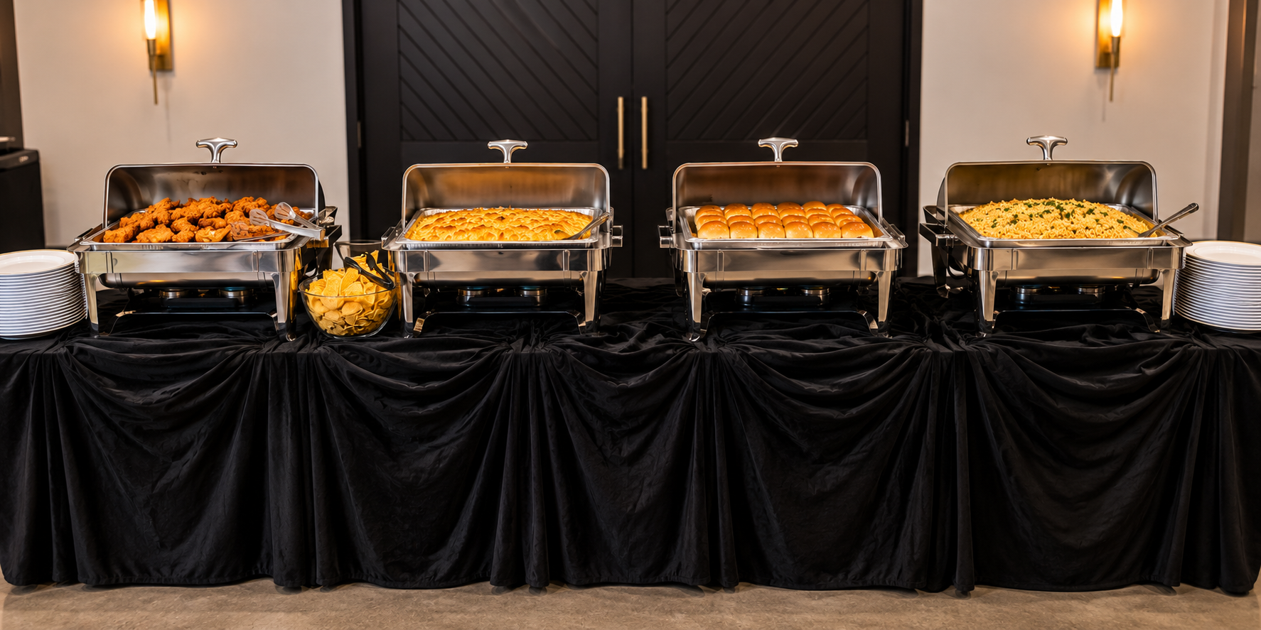 C&C Experience catering buffet spread with chafing dishes at an event